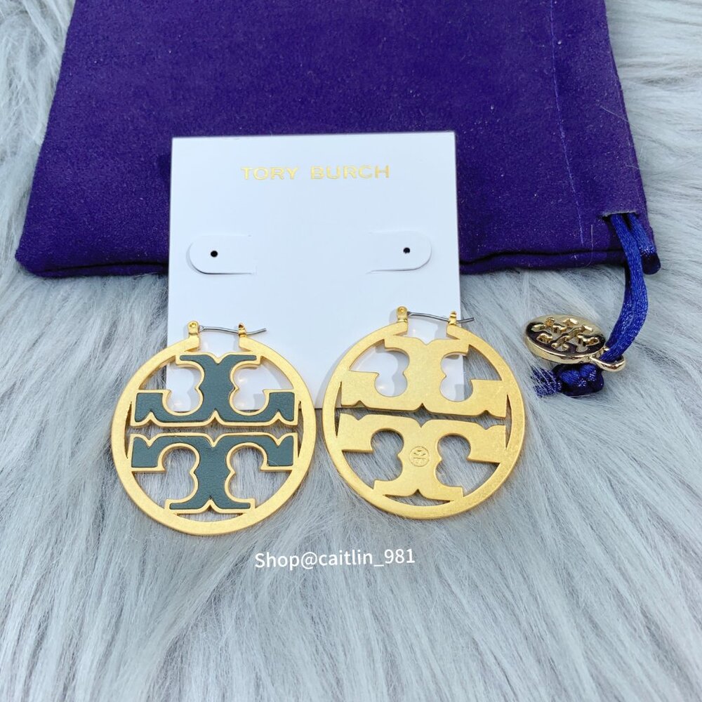 NEW Tory Burch Inlay Leather Miller Hoop Statement Earrings in Gold/BK Leather - Picture 4 of 5
